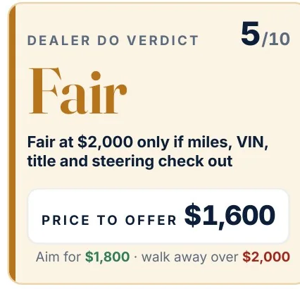 Report panel: Dealer Do Verdict Fair, 5 out of 10, price to offer $1,600